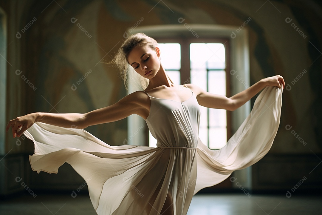 Uma jovem mulher praticando balé, seus movimentos graciosos e precisos.