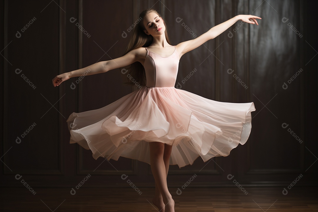 Uma jovem mulher praticando balé, seus movimentos graciosos e precisos.