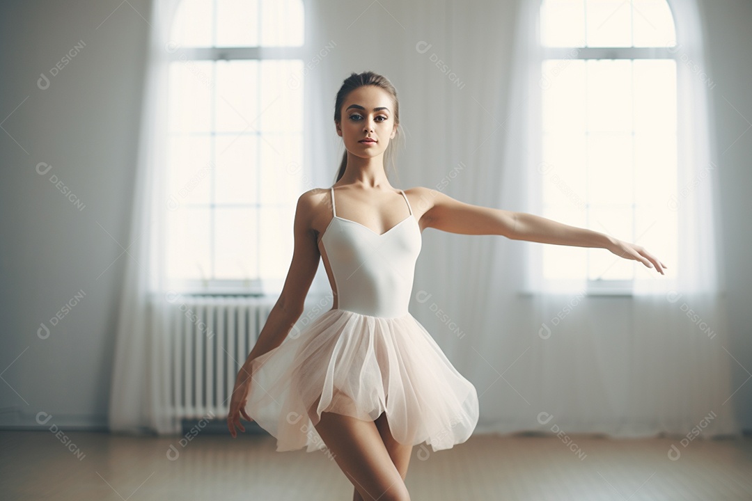 Uma jovem mulher praticando balé, seus movimentos graciosos e precisos.