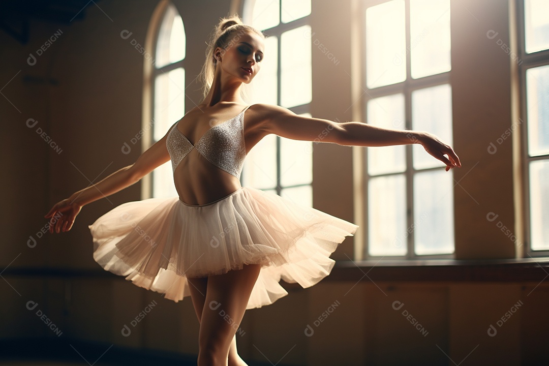 Uma jovem mulher praticando balé, em ambiente iluminado pelo sol