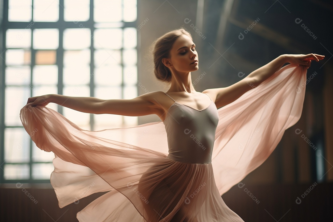 Uma jovem mulher praticando balé, seus movimentos graciosos e precisos.