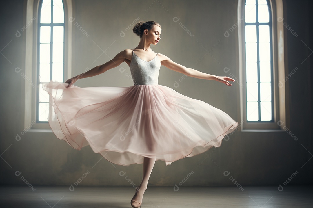 Uma jovem mulher praticando balé, seus movimentos graciosos e precisos.