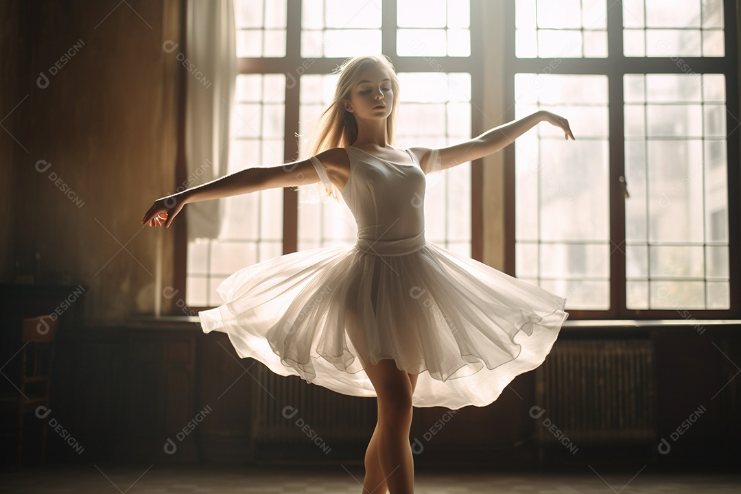 Uma jovem mulher praticando balé, seus movimentos graciosos e precisos.