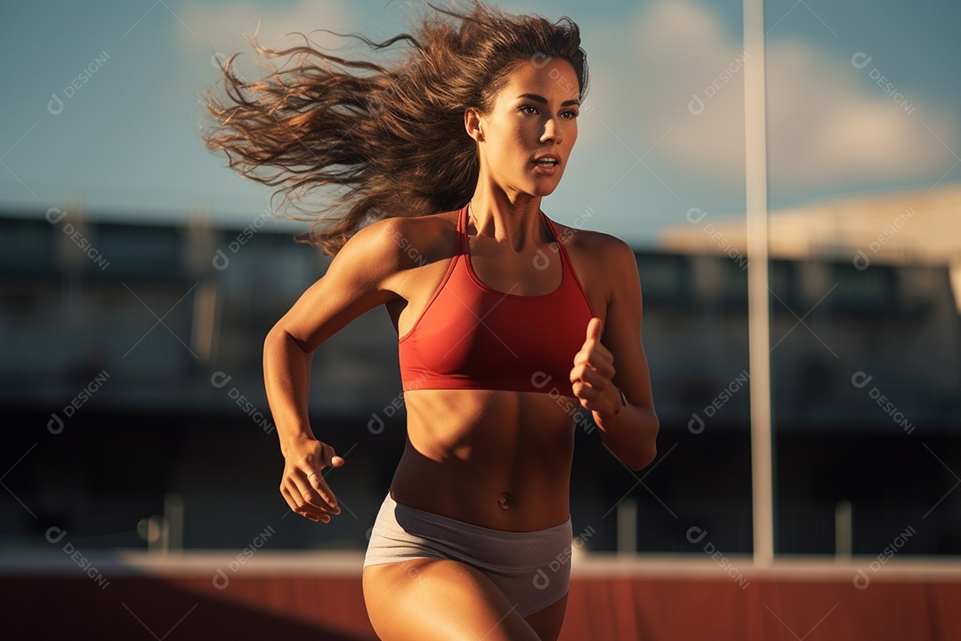 Mulher atleta correndo em uma pista com velocidade e determinação