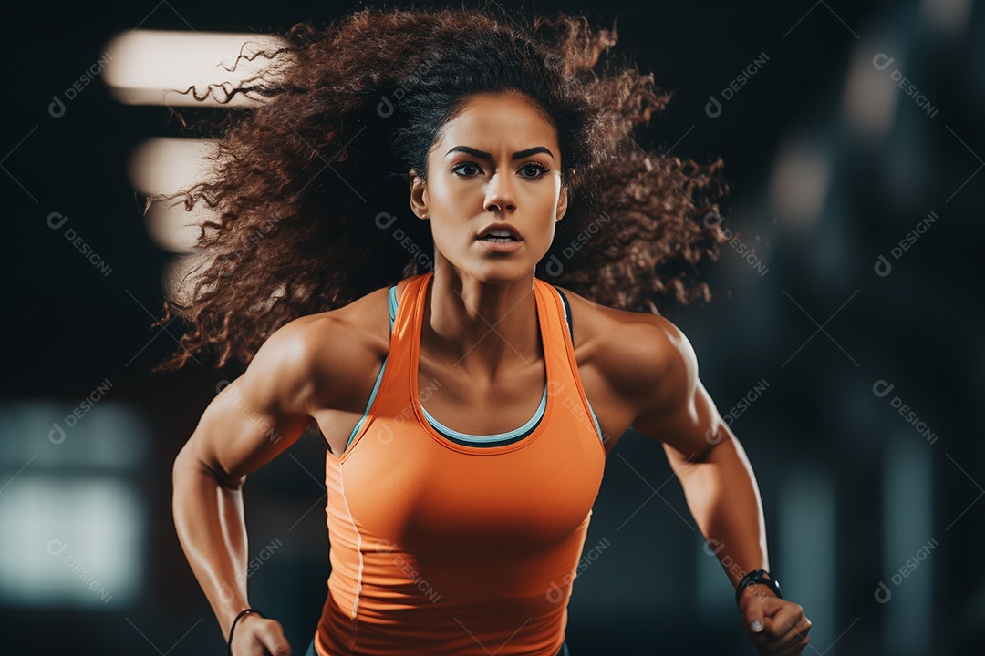Mulher atleta correndo em uma pista com velocidade e determinação