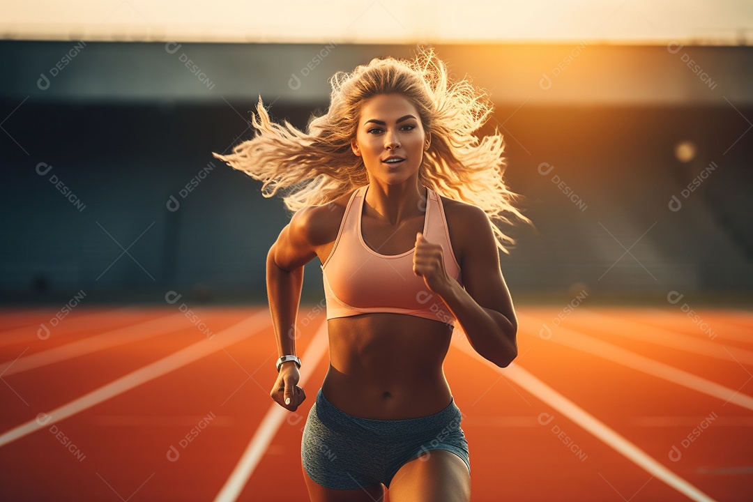 Mulher loira atleta correndo em uma pista com velocidade e determinação