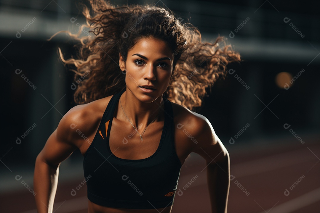 Mulher atleta correndo em uma pista com velocidade e determinação