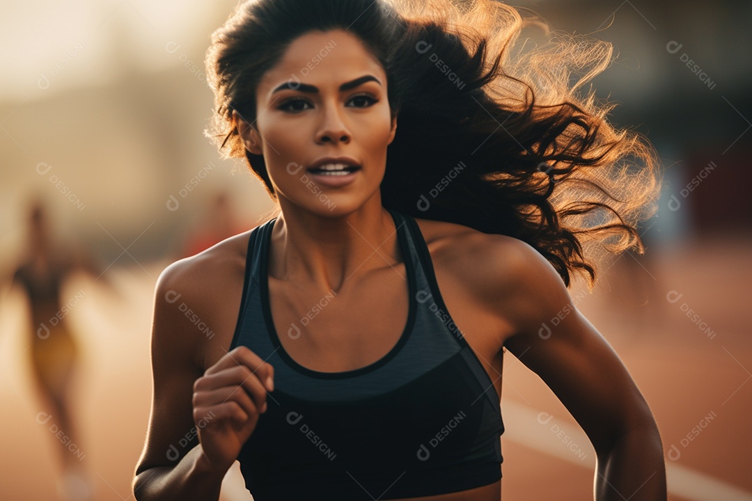 Mulher atleta correndo em uma pista com velocidade e determinação