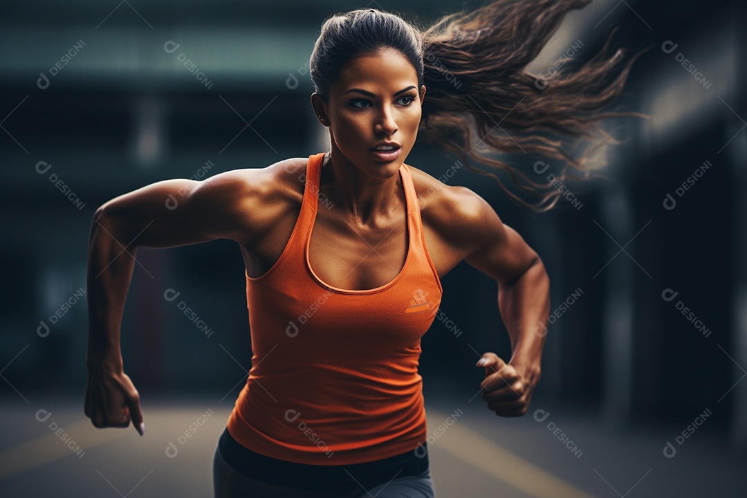 Mulher atleta de blusa cor laranja correndo em uma pista com velocidade e determinação
