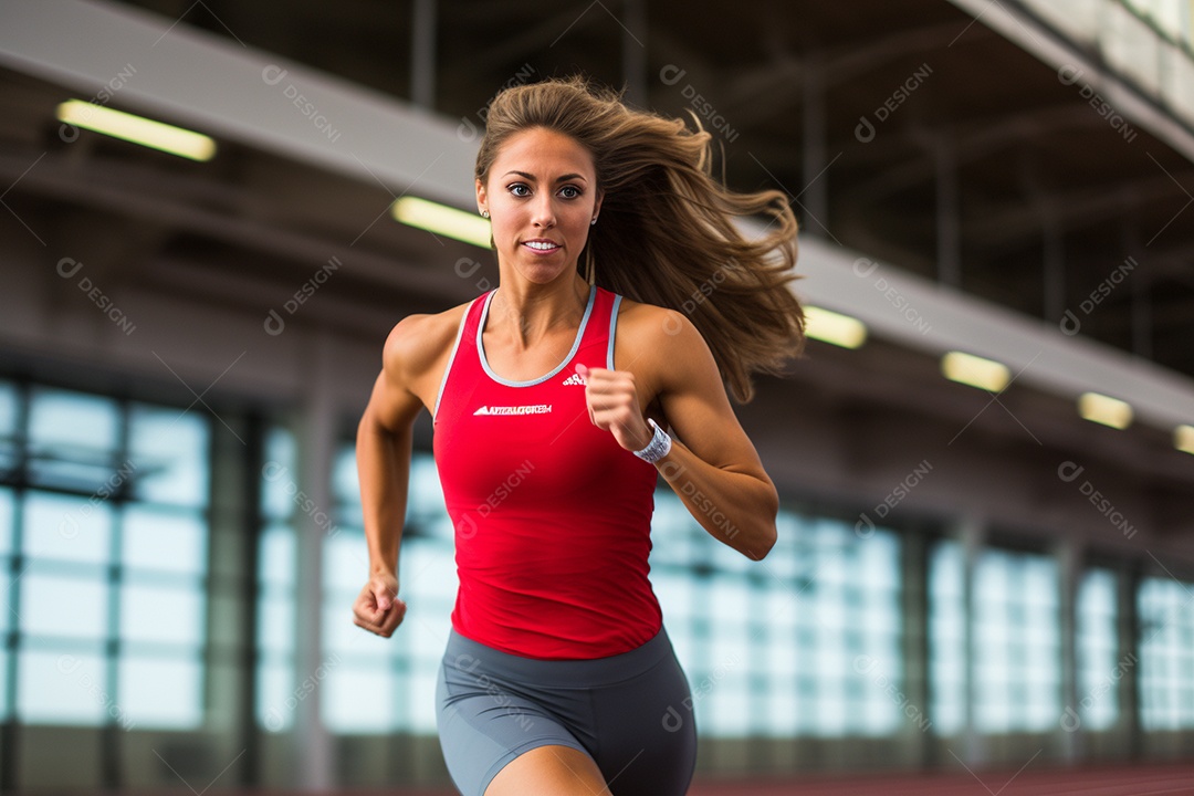 Mulher atleta  de blusa vermelha correndo em uma pista com velocidade e determinação