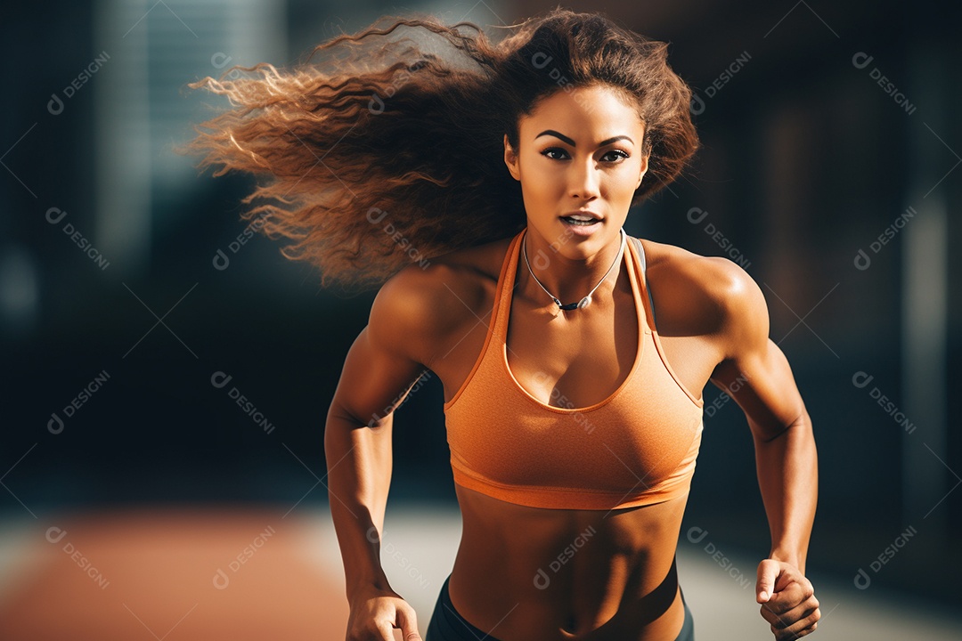 Mulher atleta correndo em uma pista com velocidade e determinação