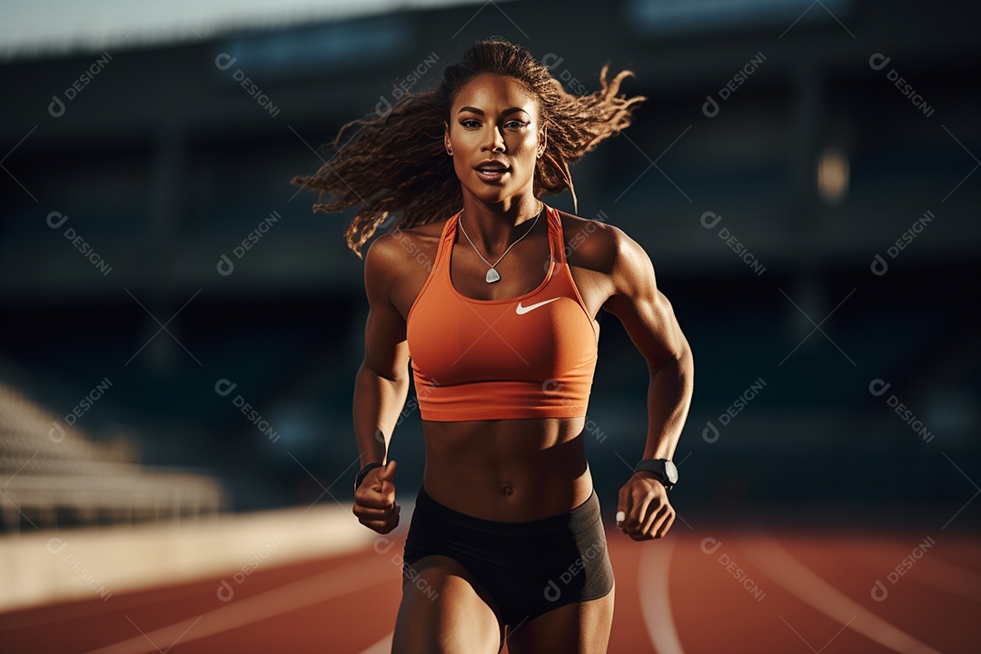 Mulher atleta correndo em uma pista com velocidade e determinação