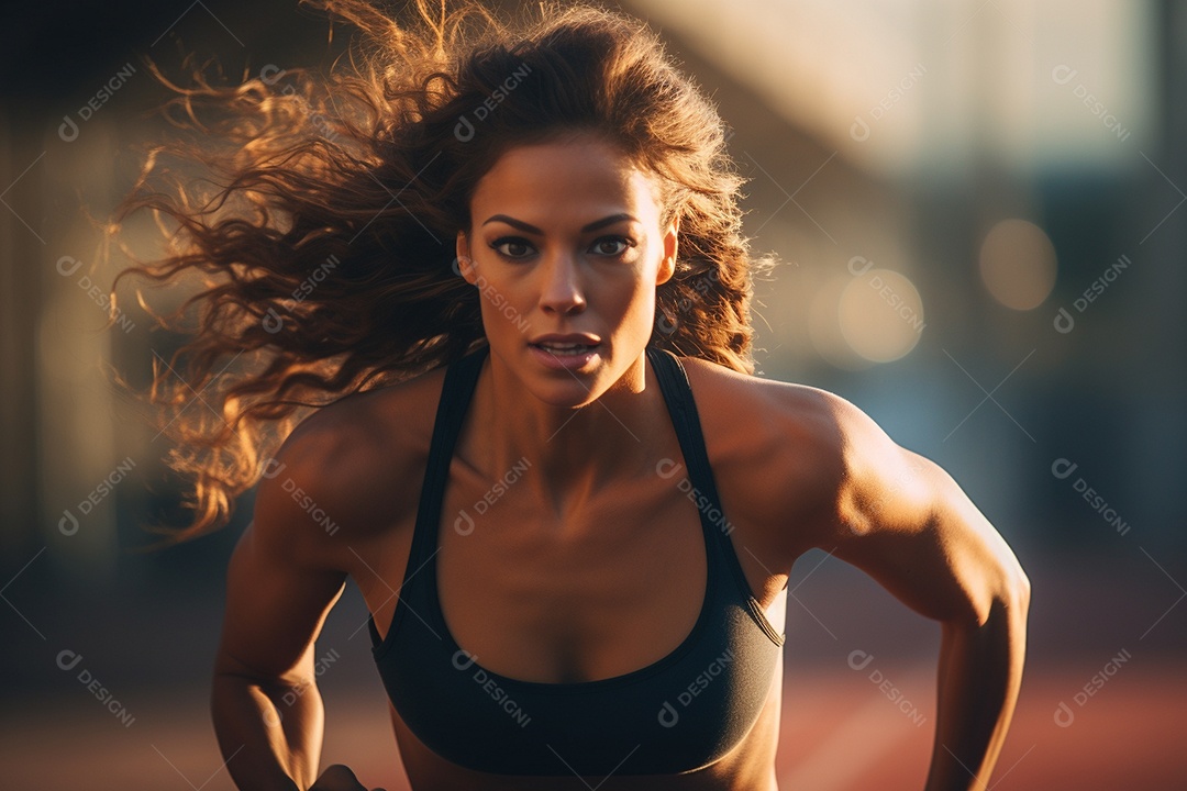 Mulher atleta correndo em uma pista com velocidade e determinação