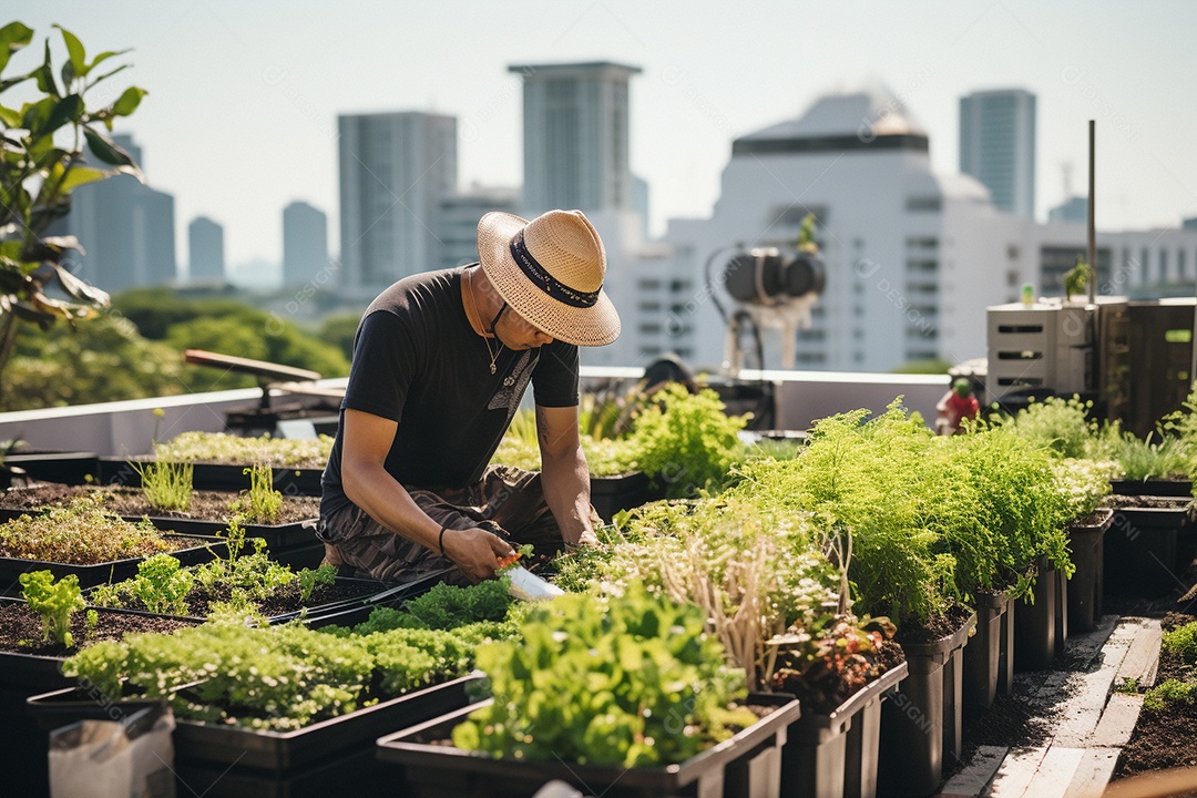 Jovem Jardineiro cultivando um jardim na cobertura.