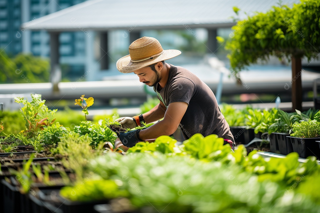 Jovem Jardineiro cultivando um jardim na cobertura.