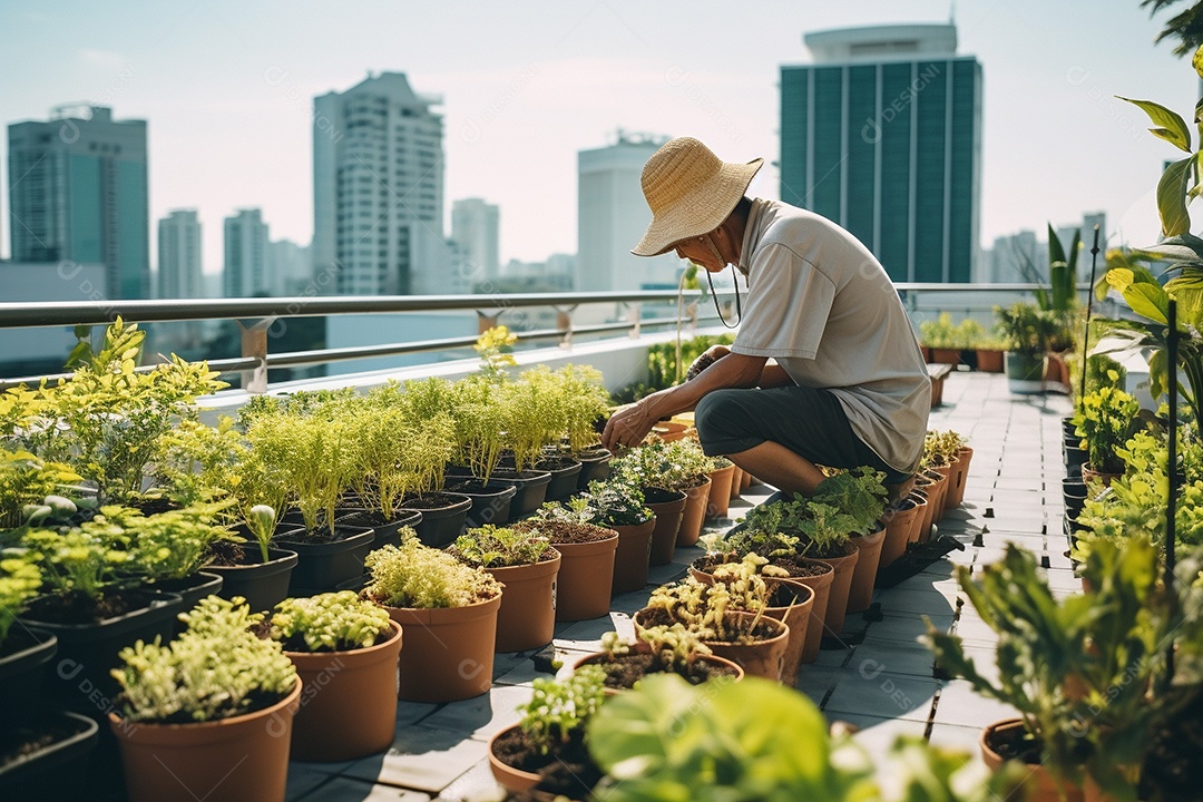 Jardineiro cultivando um jardim na cobertura.