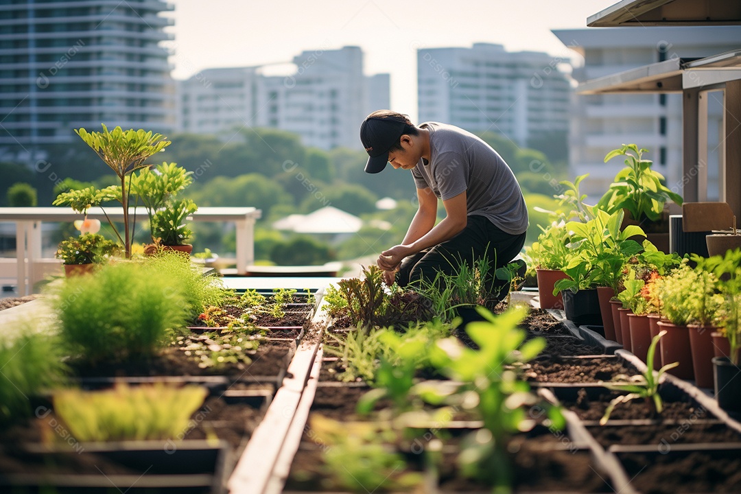 Jardineiro cultivando um jardim na cobertura.