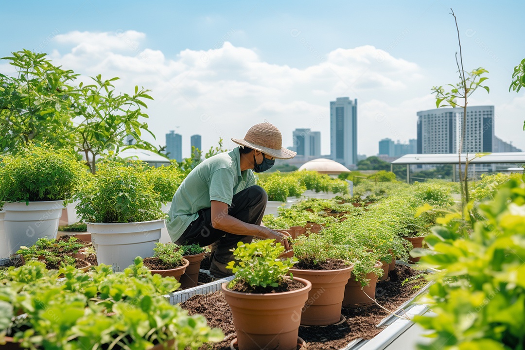 Jardineiro cultivando um jardim na cobertura.