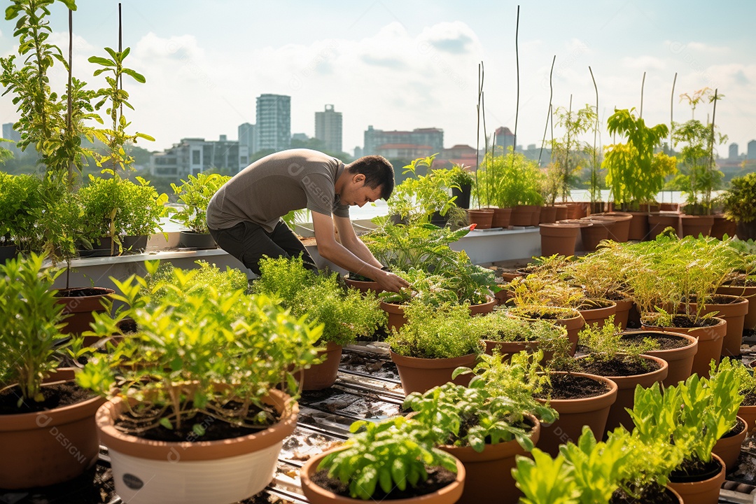 Jardineiro cultivando um jardim na cobertura.