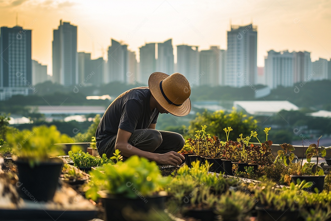 Jardineiro cultivando um jardim na cobertura.