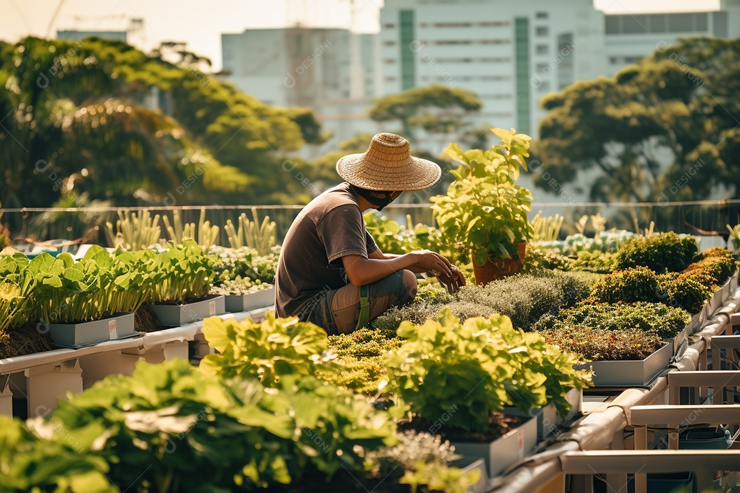 Jardineiro cultivando um jardim na cobertura.