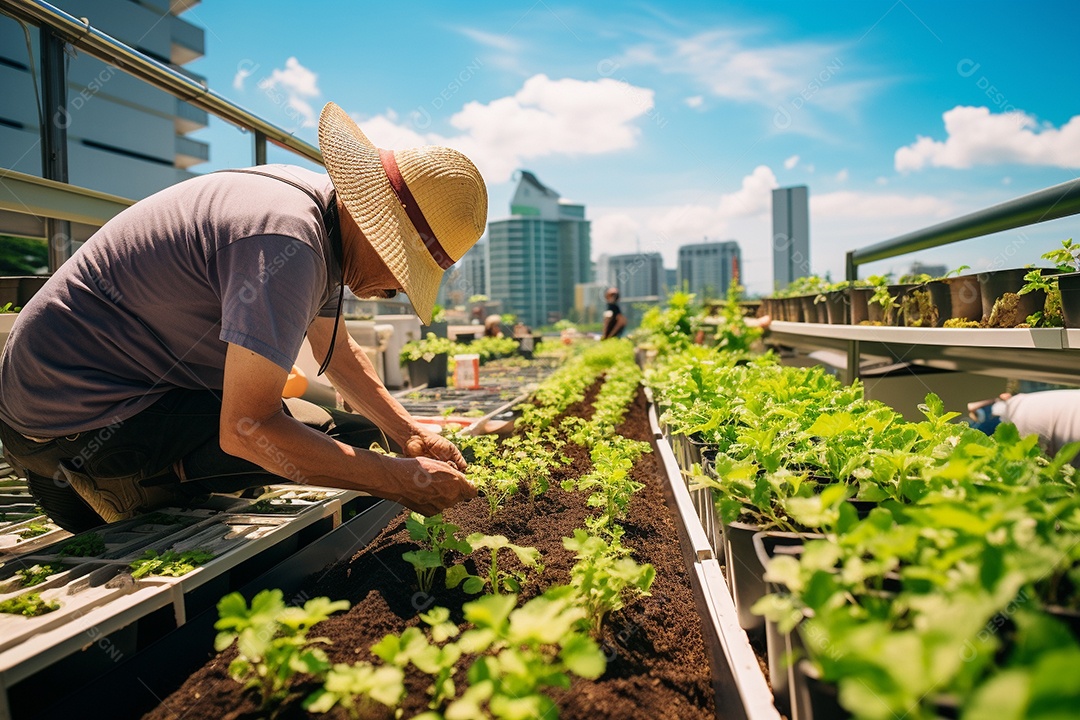 Jardineiro cultivando um jardim na cobertura.