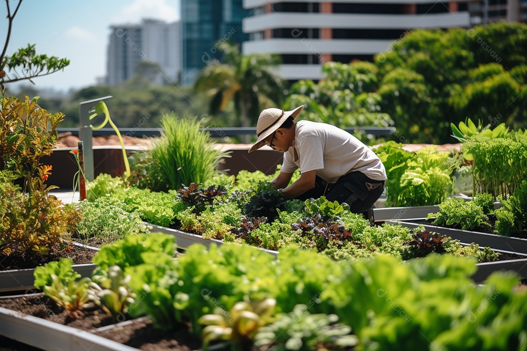 Jardineiro cultivando um jardim na cobertura.