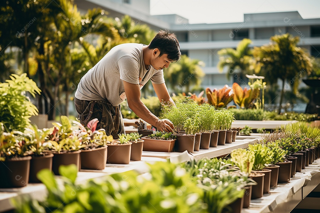 Jardineiro cultivando um jardim na cobertura.