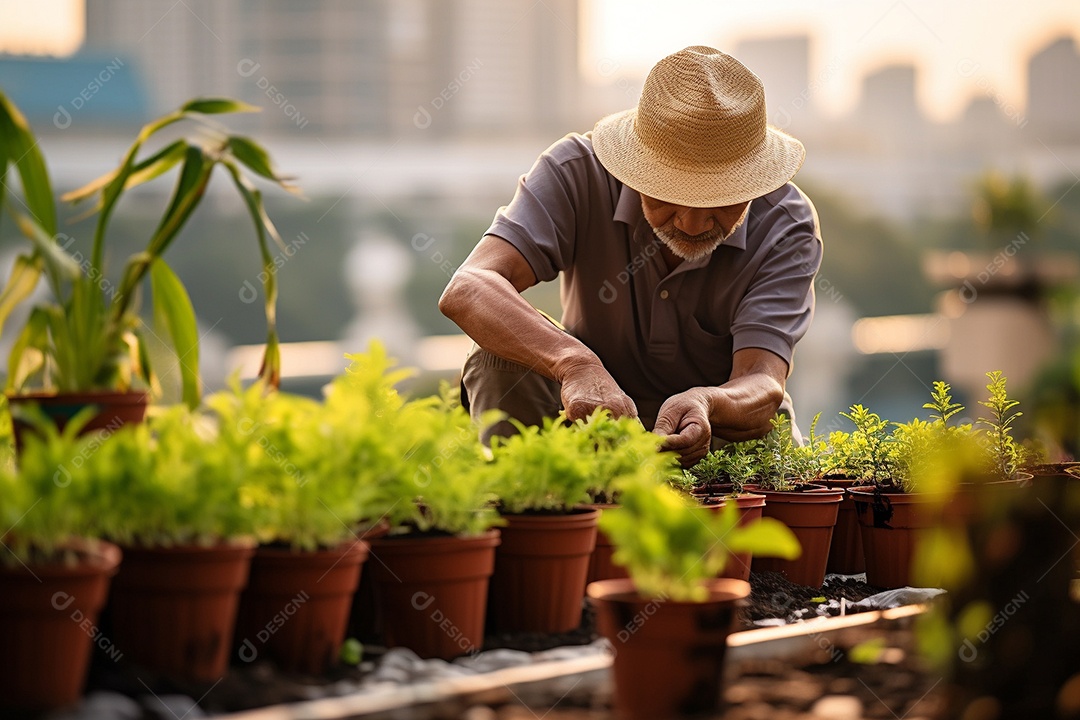 Jardineiro cultivando um jardim na cobertura.