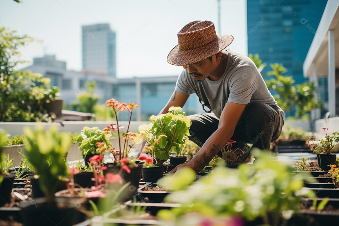 Jardineiro usando chapéu cultivando um jardim na cobertura.