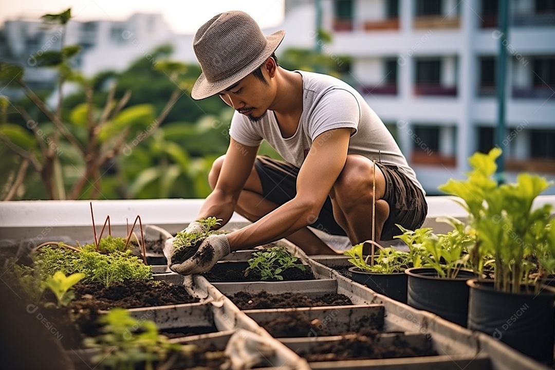 Jardineiro cultivando um jardim na cobertura.