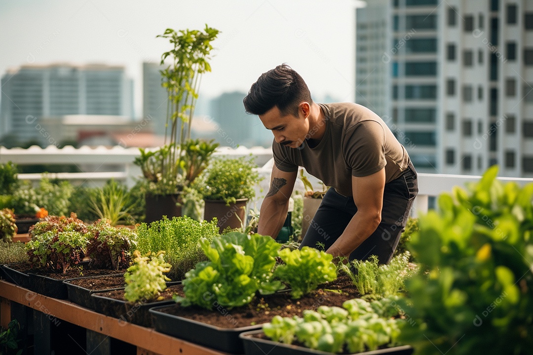 Jardineiro cultivando um jardim na cobertura.