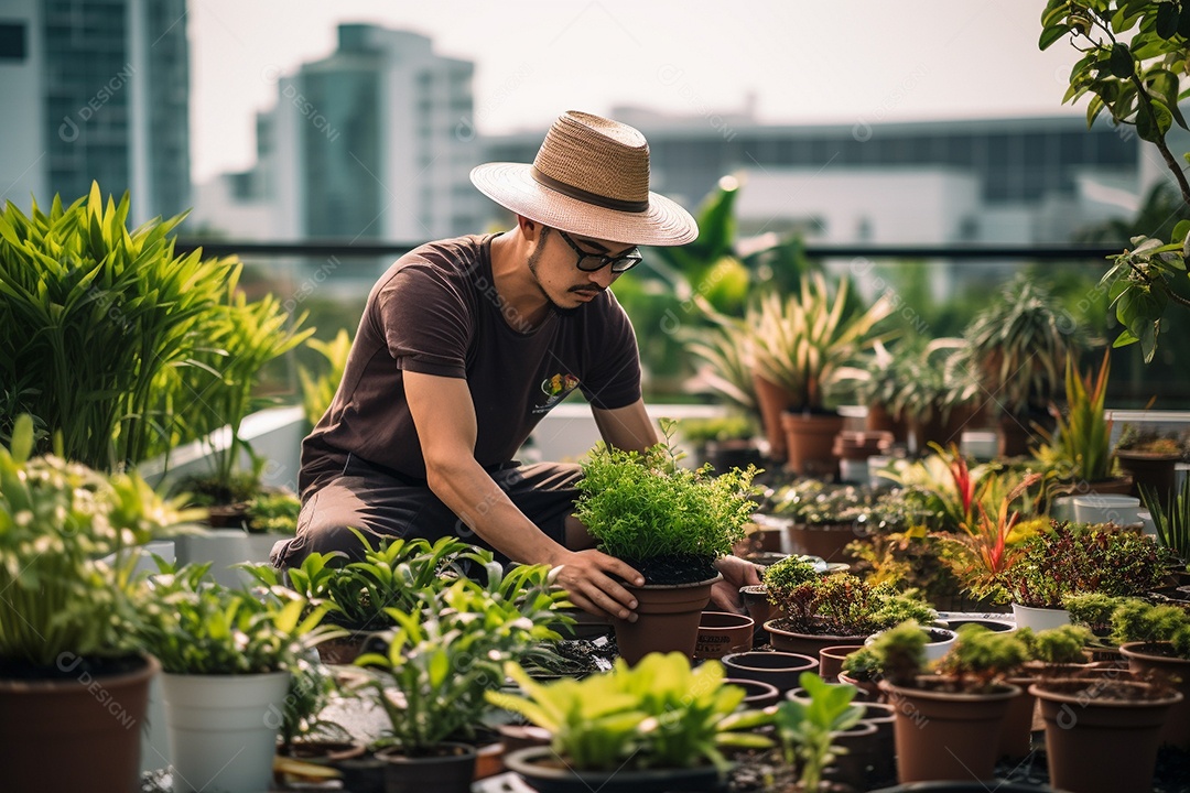 Jardineiro de chapéu cultivando um jardim na cobertura.