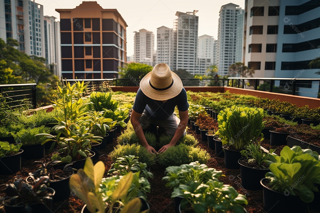 Jardineiro cultivando um jardim na cobertura.