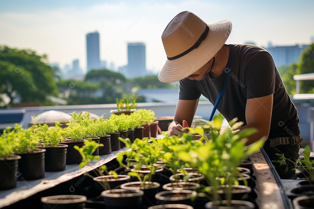 Jardineiro cultivando um jardim na cobertura.