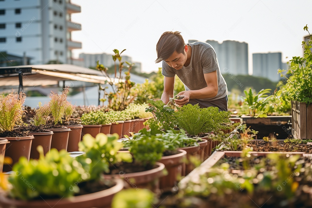 Jardineiro cultivando um jardim na cobertura.