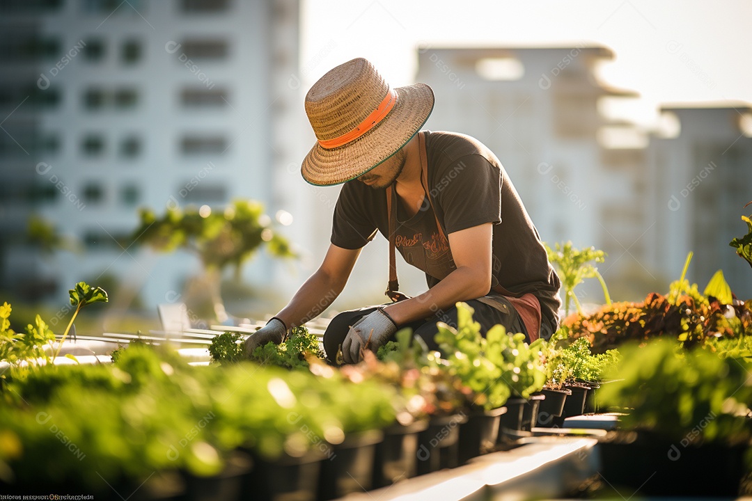 Jardineiro cultivando um jardim na cobertura.