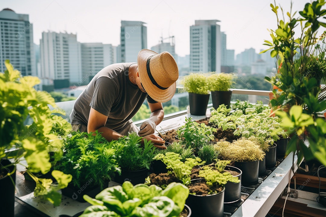 Jardineiro cultivando um jardim na cobertura.