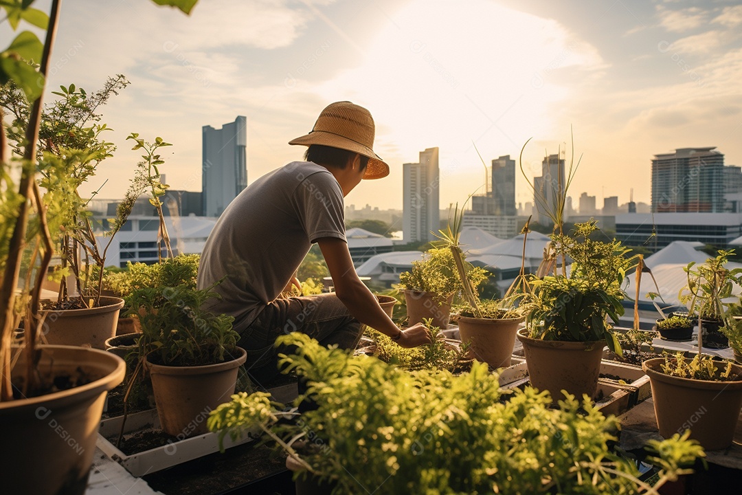 Jardineiro cultivando um jardim na cobertura.