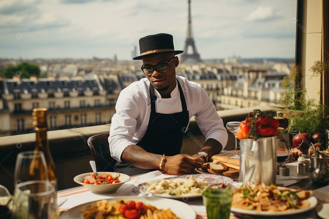 Homem Chef de cozinha sentado á mesa
