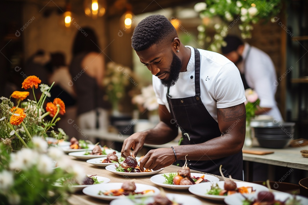 Homem Chef de cozinha elaborando variados pratos gourmet com maestria.