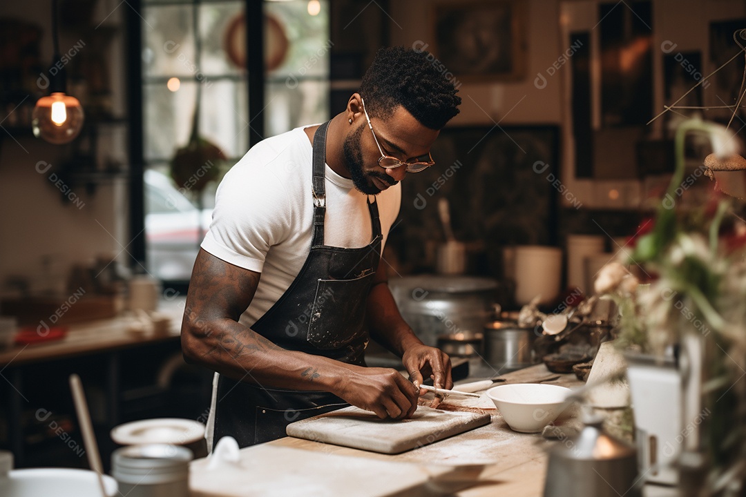 Homem Chef de cozinha elaborando pratos gourmet com maestria.