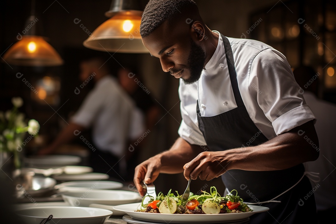 Homem Chef de cozinha elaborando pratos gourmet com maestria.