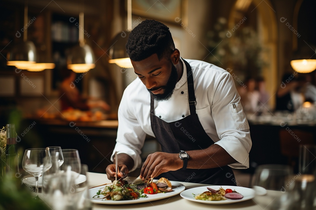 Homem Chef de cozinha elaborando pratos gourmet com maestria.