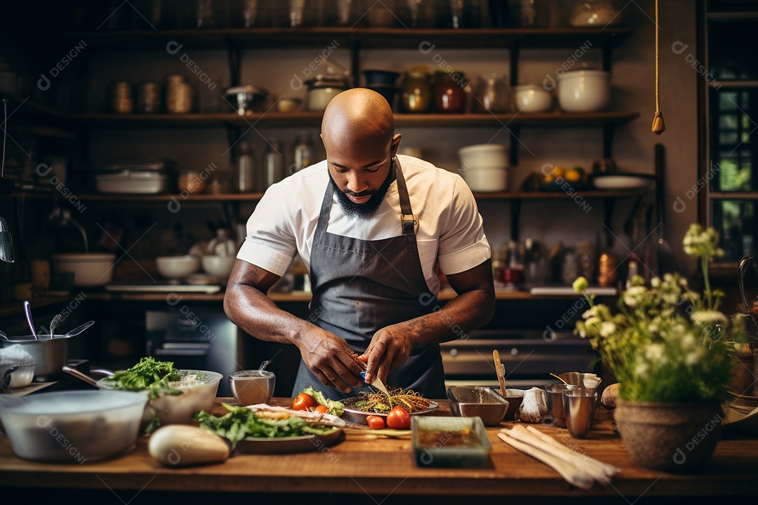 Homem Chef de cozinha elaborando pratos gourmet com maestria.