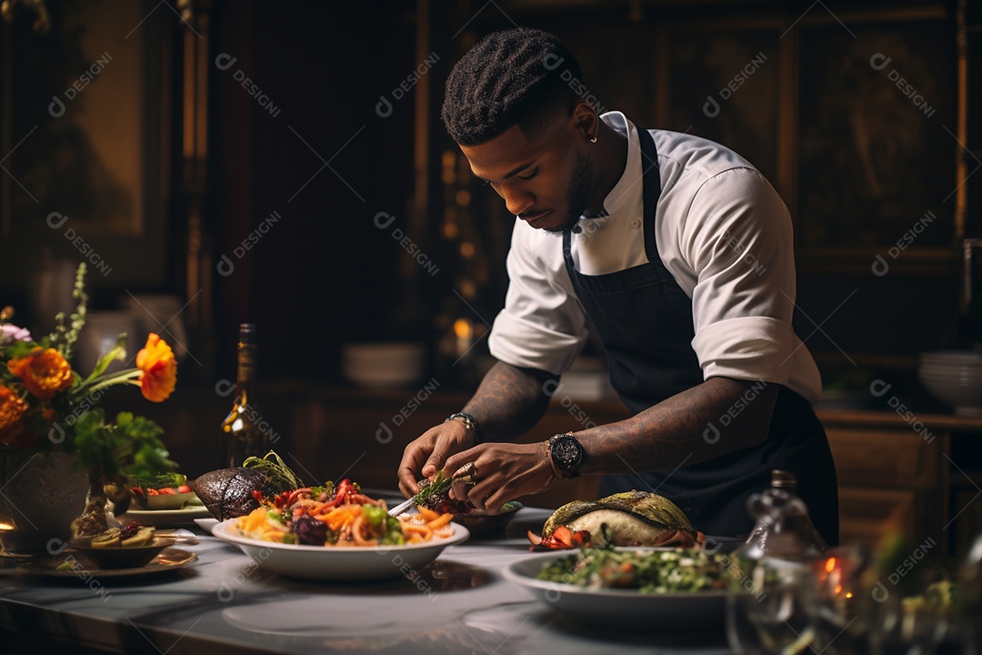 Homem Chef de cozinha elaborando pratos gourmet com maestria.