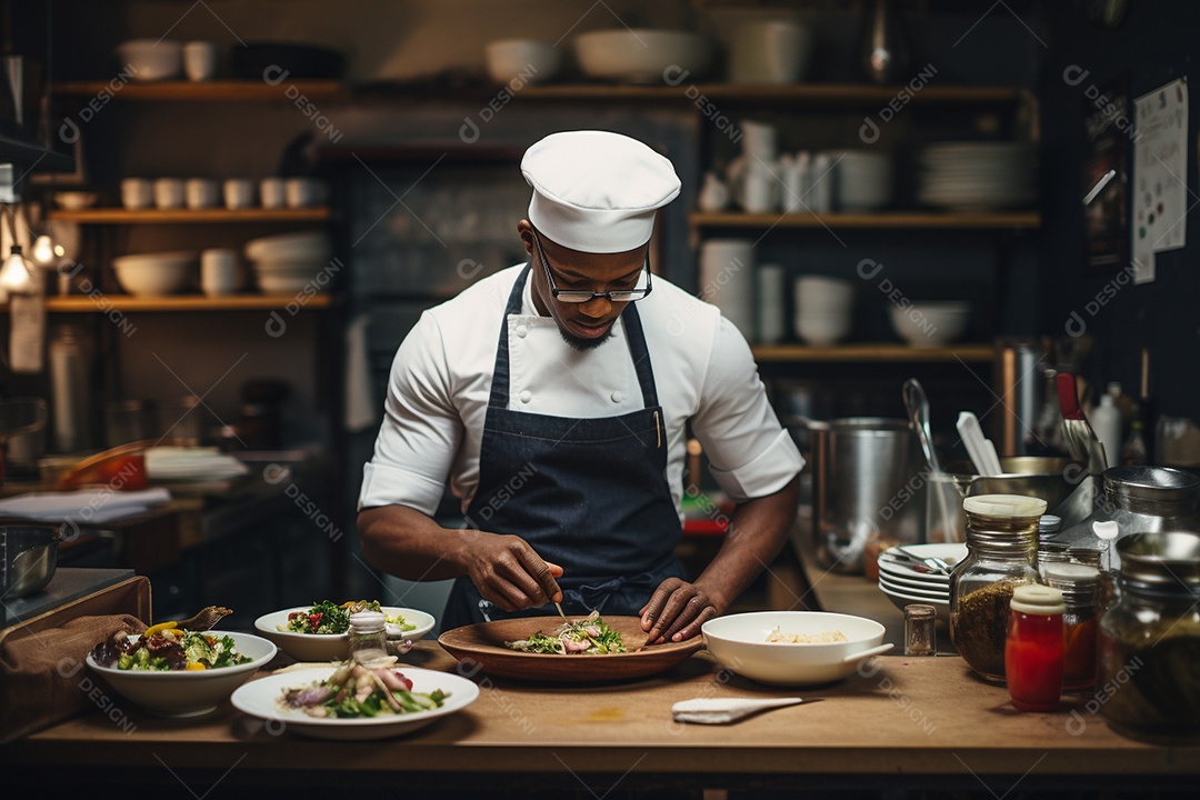 Chef de cozinha elaborando pratos gourmet com maestria.
