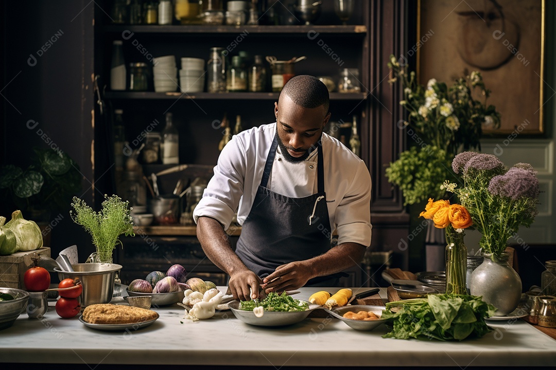 Homem Chef de cozinha elaborando pratos gourmet com maestria.