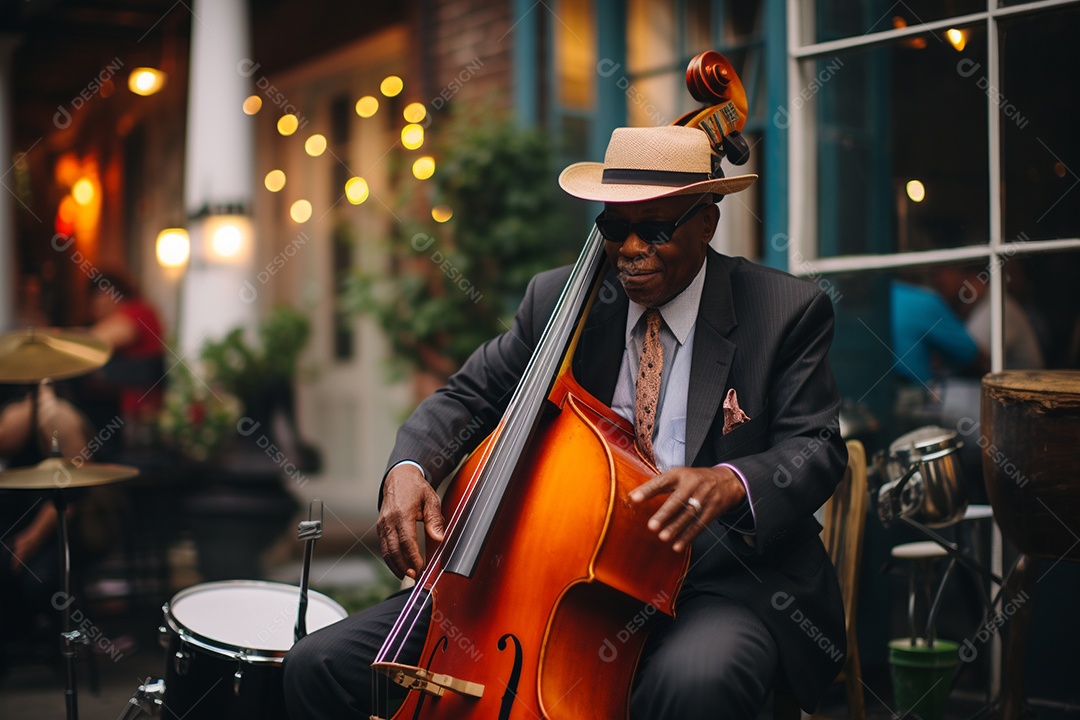 Músico de jazz negro em Nova Orleans apresentando melodias emocionantes