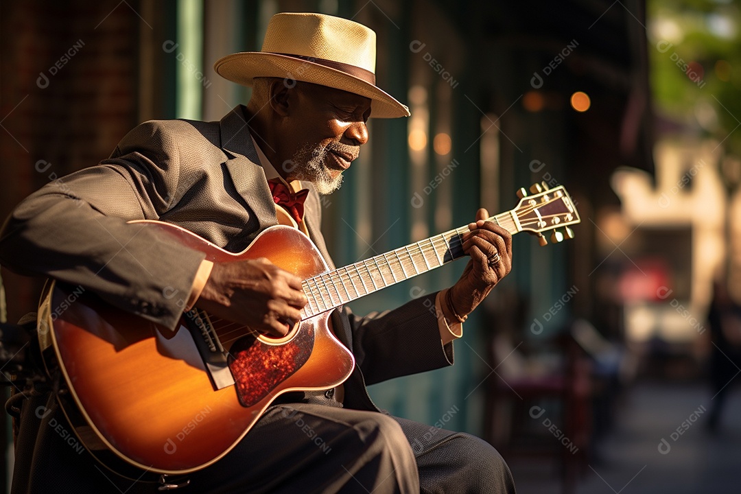 Músico de jazz negro em Nova Orleans apresentando melodias emocionantes